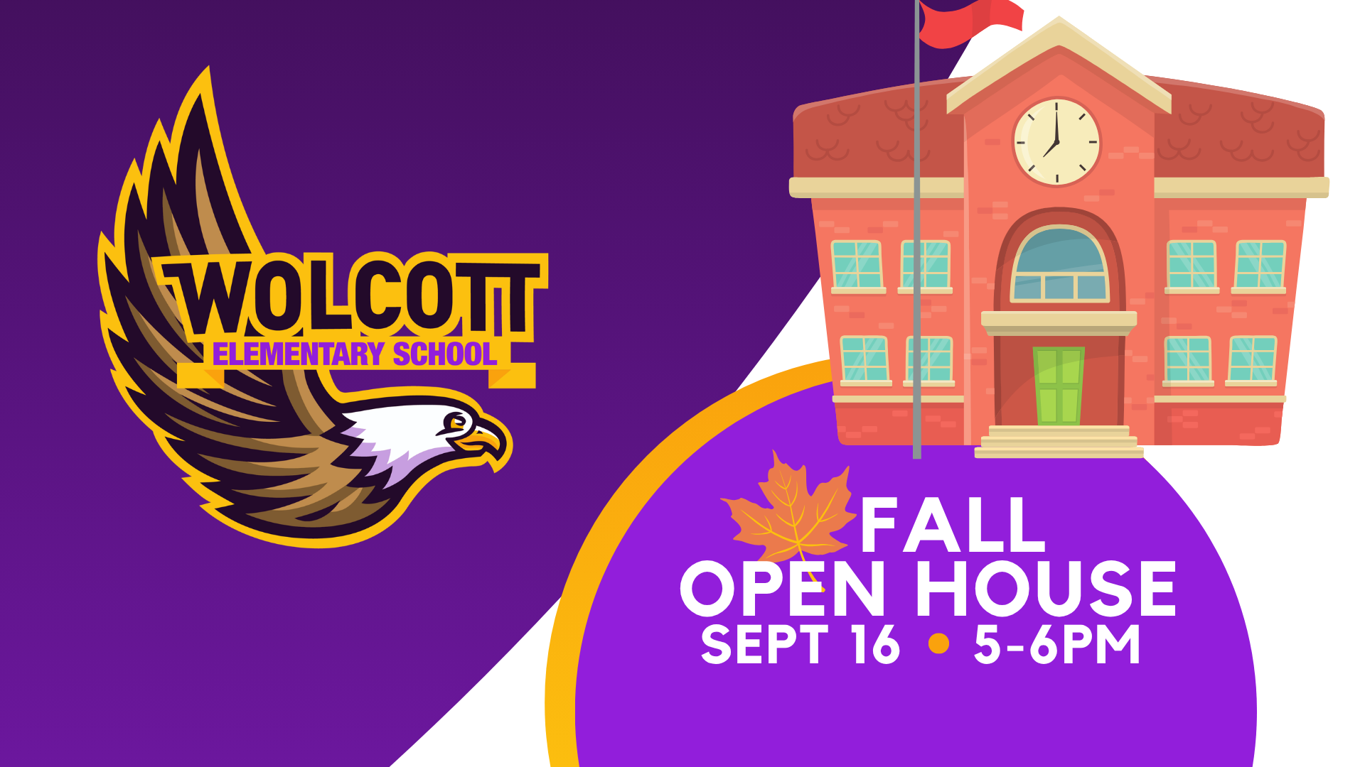 Wolcott logo and illustration of a school